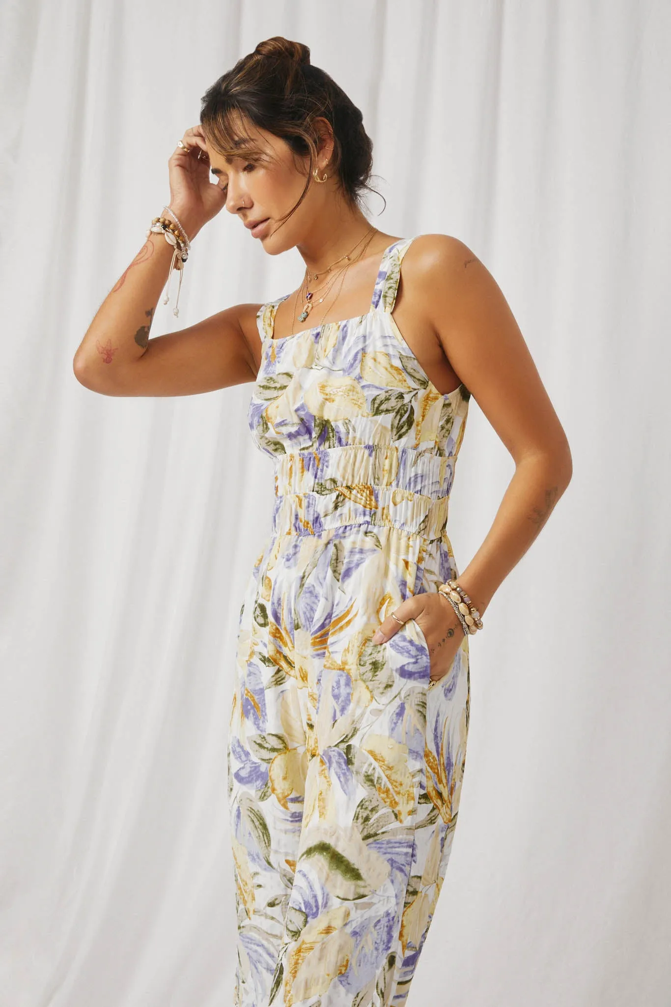 Tropical Print Smock Waist Wide Strap Jumpsuit
