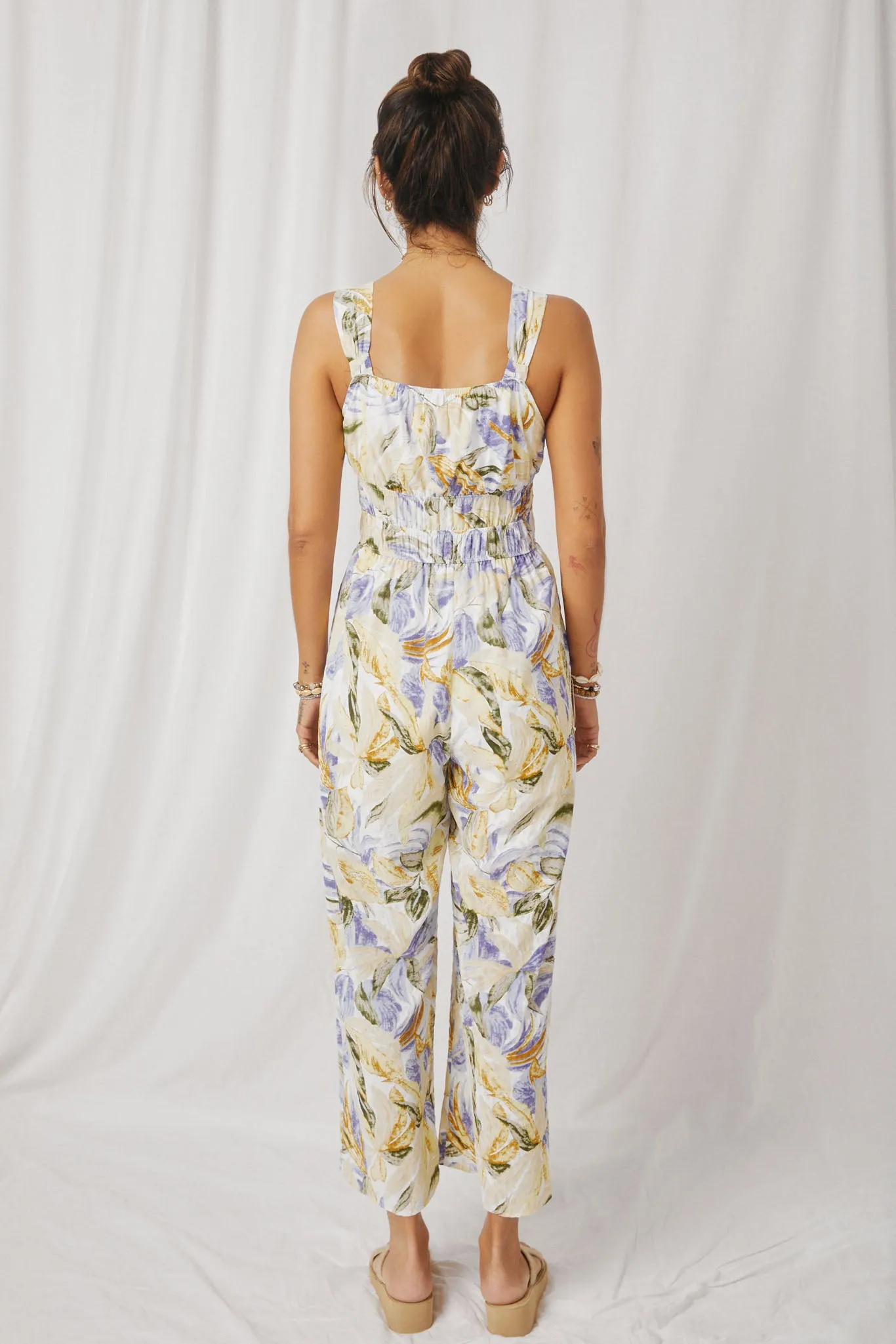 Tropical Print Smock Waist Wide Strap Jumpsuit