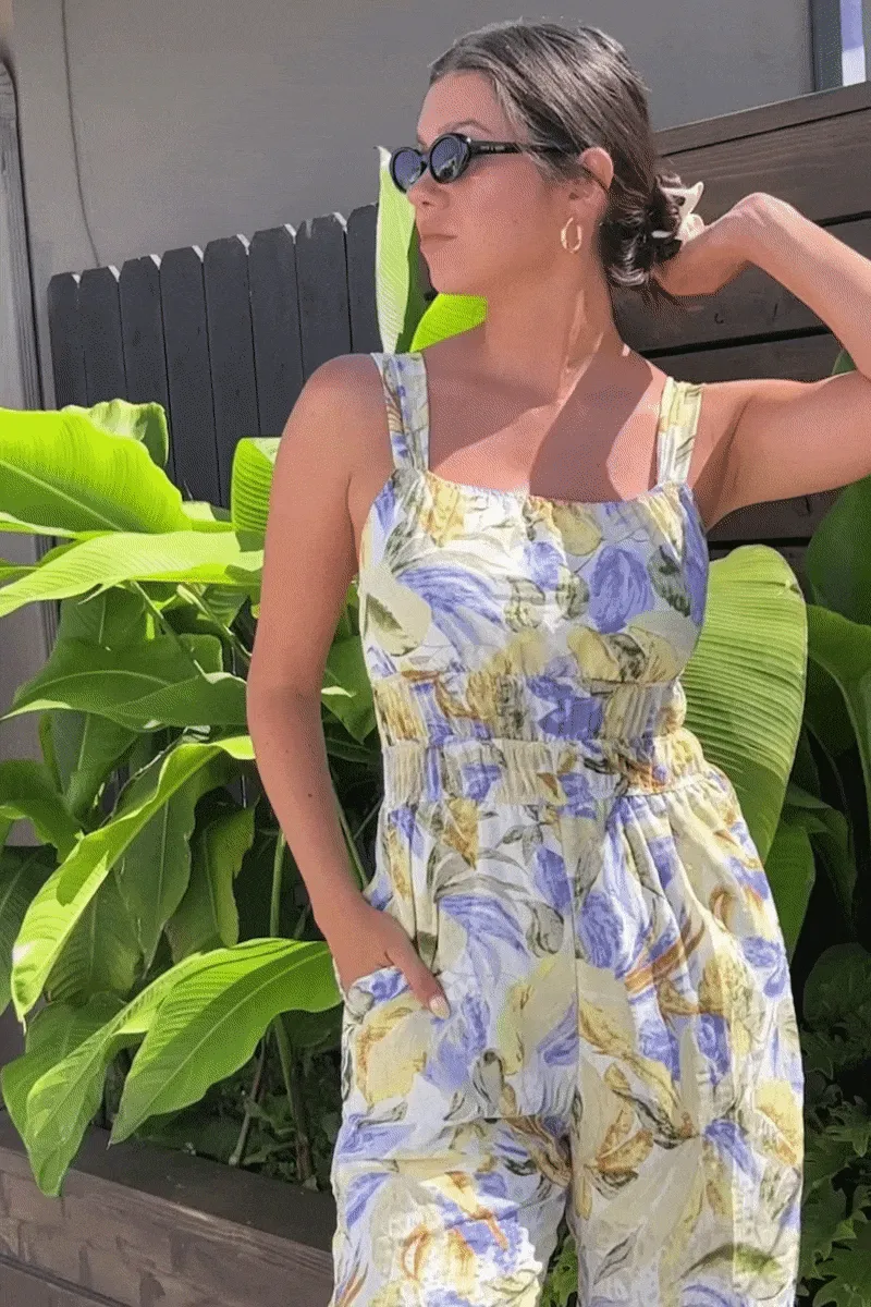 Tropical Print Smock Waist Wide Strap Jumpsuit