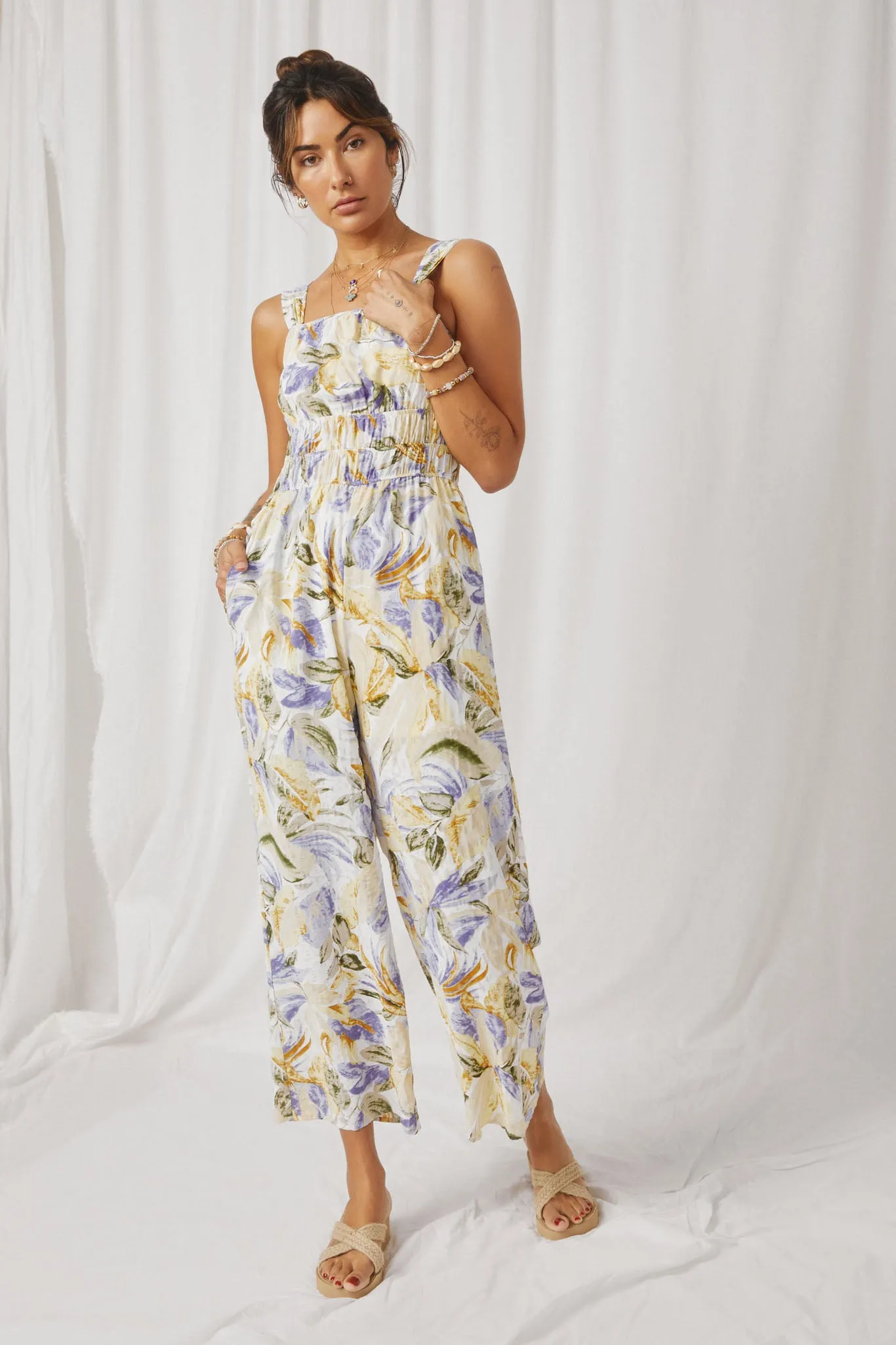 Tropical Print Smock Waist Wide Strap Jumpsuit