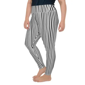 Vertical Striped Plus Size Leggings, White Black Women's Best Yoga Pants- Made in USA/EU