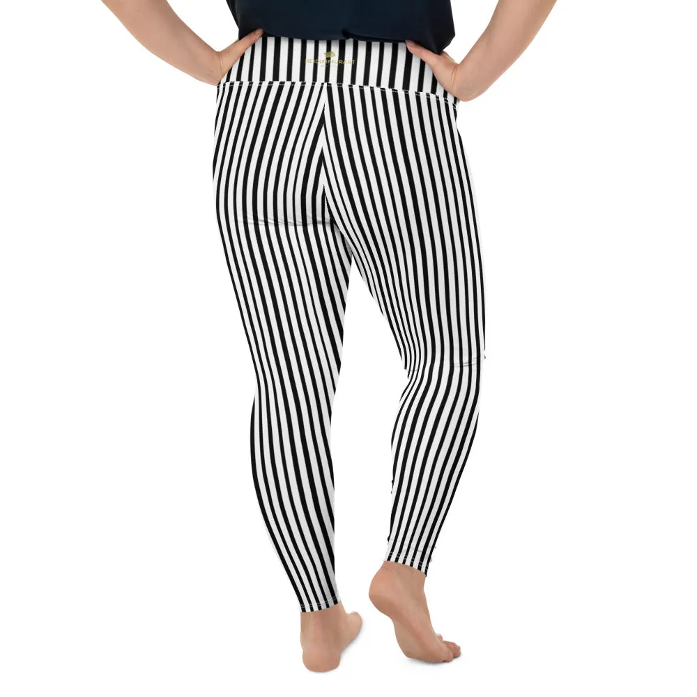 Vertical Striped Plus Size Leggings, White Black Women's Best Yoga Pants- Made in USA/EU