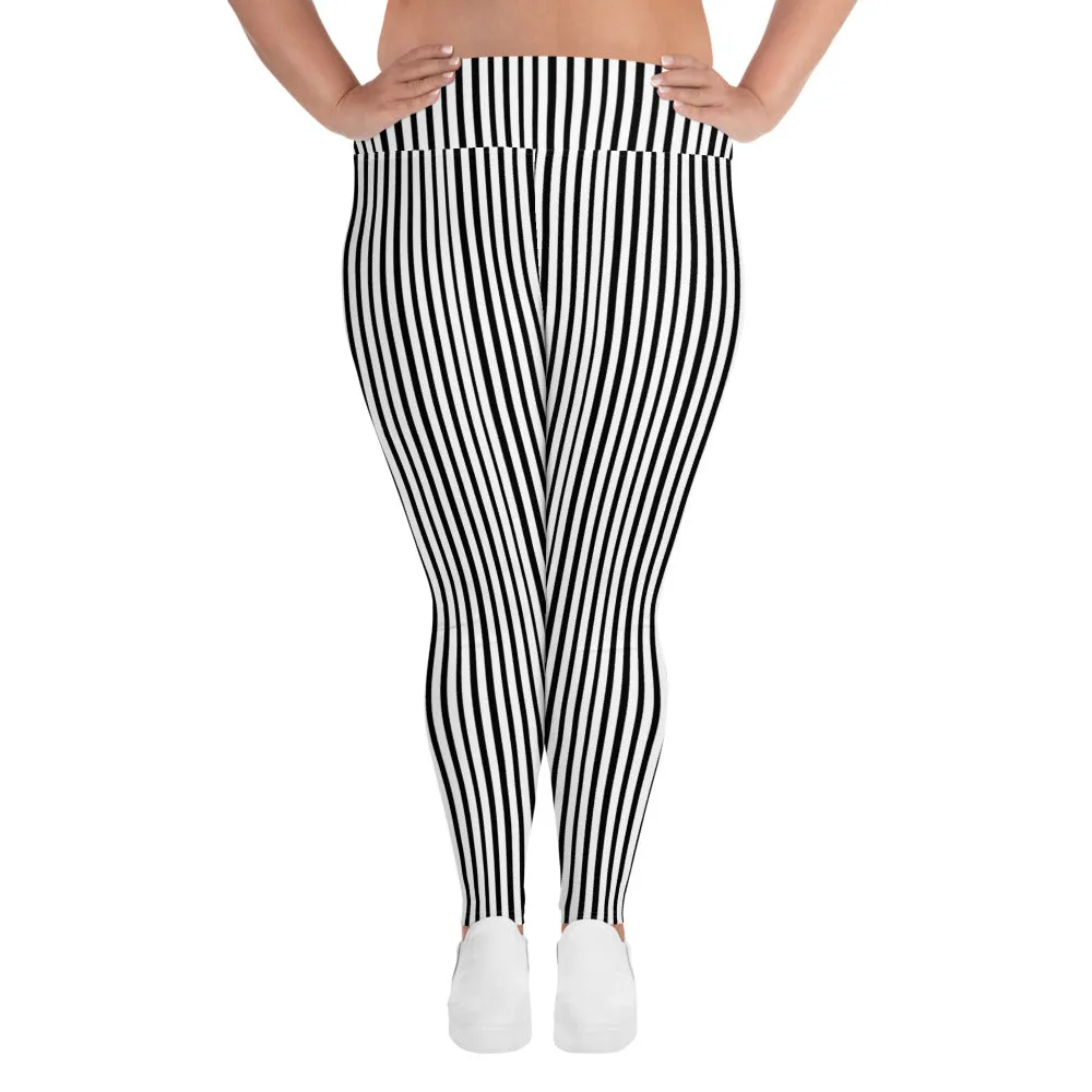 Vertical Striped Plus Size Leggings, White Black Women's Best Yoga Pants- Made in USA/EU