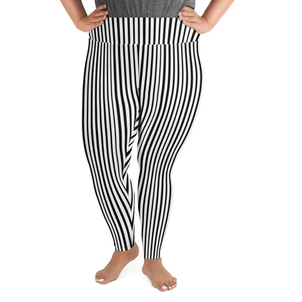 Vertical Striped Plus Size Leggings, White Black Women's Best Yoga Pants- Made in USA/EU