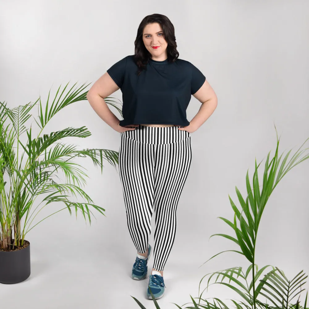 Vertical Striped Plus Size Leggings, White Black Women's Best Yoga Pants- Made in USA/EU