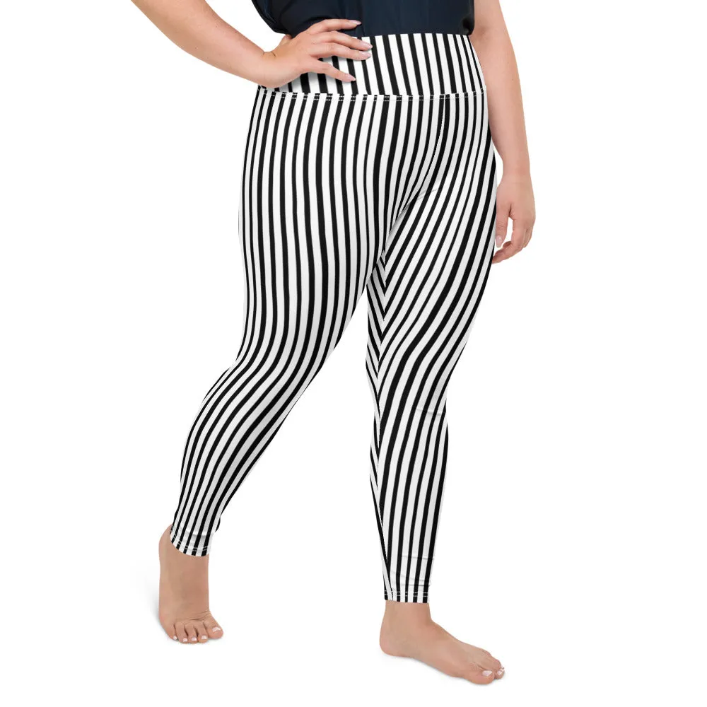 Vertical Striped Plus Size Leggings, White Black Women's Best Yoga Pants- Made in USA/EU