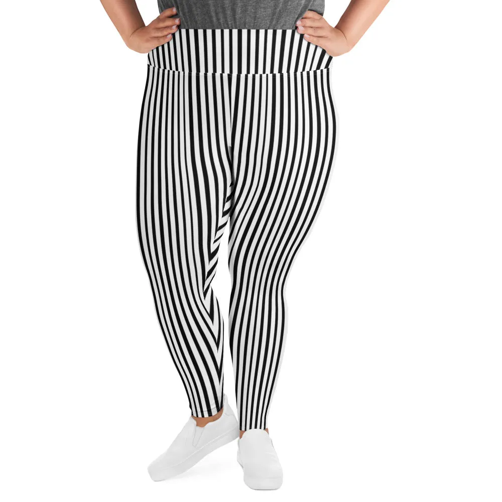 Vertical Striped Plus Size Leggings, White Black Women's Best Yoga Pants- Made in USA/EU