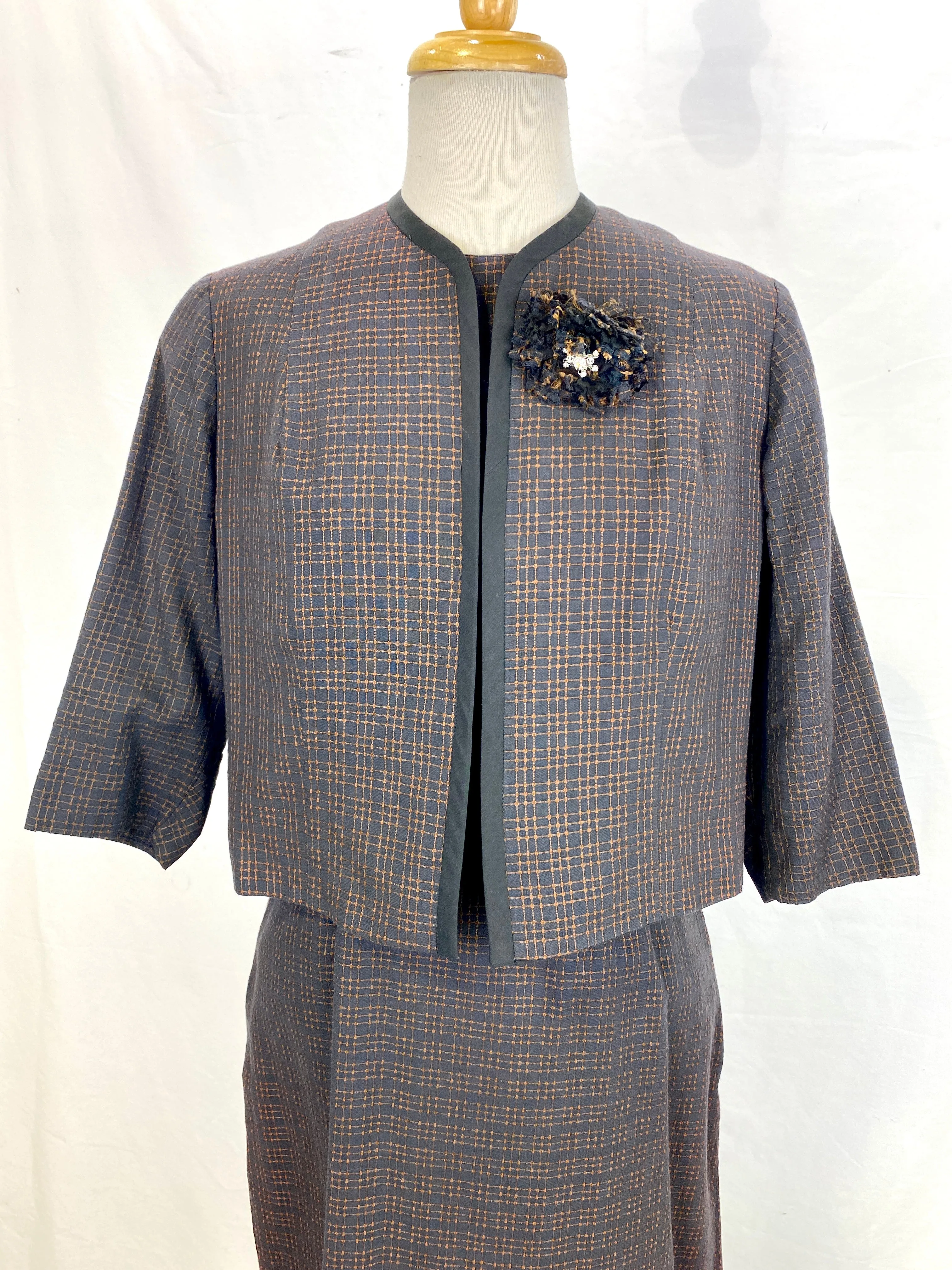 Vintage 1960s Black/Bronze 2 Piece Dress and Jacket Set, Brie Originals, Medium