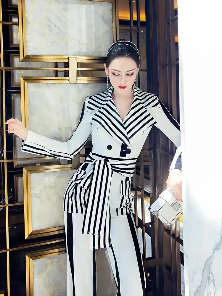 VJE spring big lapel high waist pocket 2021 striped jumpsuit -Litor