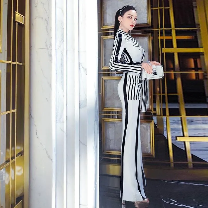 VJE spring big lapel high waist pocket 2021 striped jumpsuit -Litor
