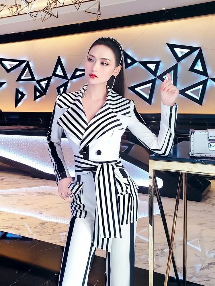 VJE spring big lapel high waist pocket 2021 striped jumpsuit -Litor
