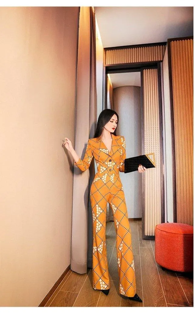 VJE spring printed suit collar long-sleeved jumpsuit - Pioli