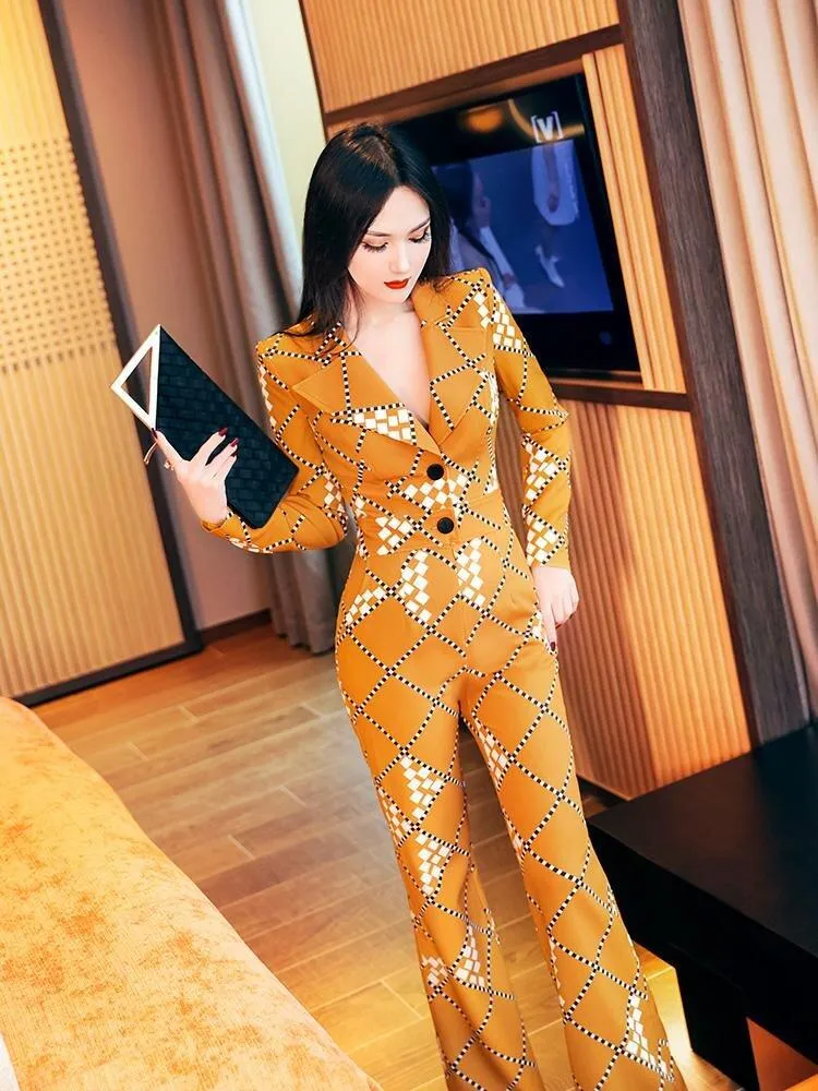 VJE spring printed suit collar long-sleeved jumpsuit - Pioli