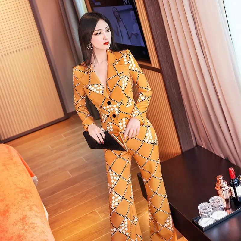 VJE spring printed suit collar long-sleeved jumpsuit - Pioli