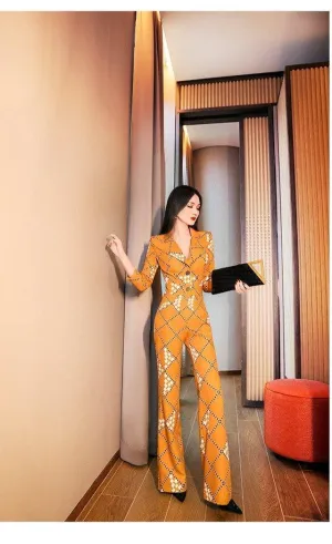 VJE spring printed suit collar long-sleeved jumpsuit - Pioli