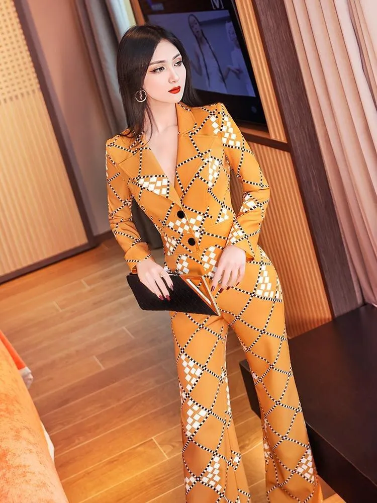 VJE spring printed suit collar long-sleeved jumpsuit - Pioli