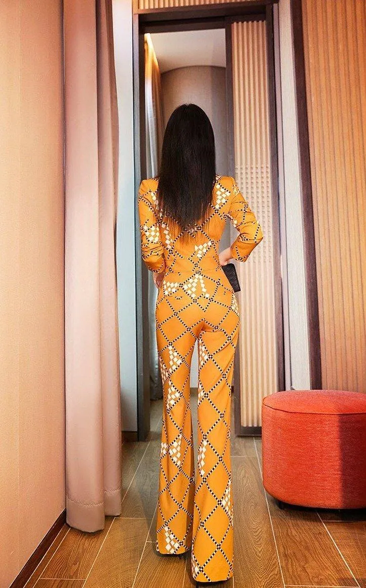 VJE spring printed suit collar long-sleeved jumpsuit - Pioli