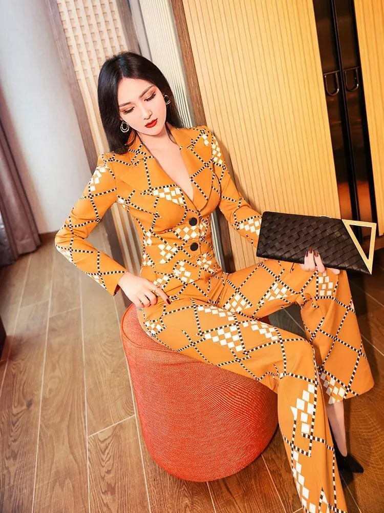 VJE spring printed suit collar long-sleeved jumpsuit - Pioli