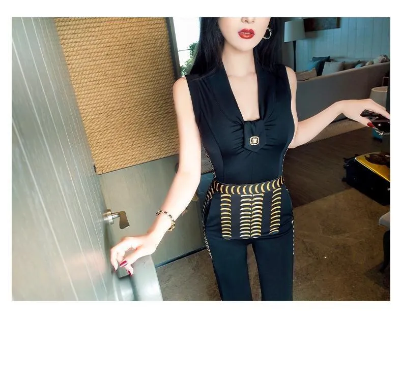 VJE summer British style sleeveless slimming jumpsuit flared pants- Loira