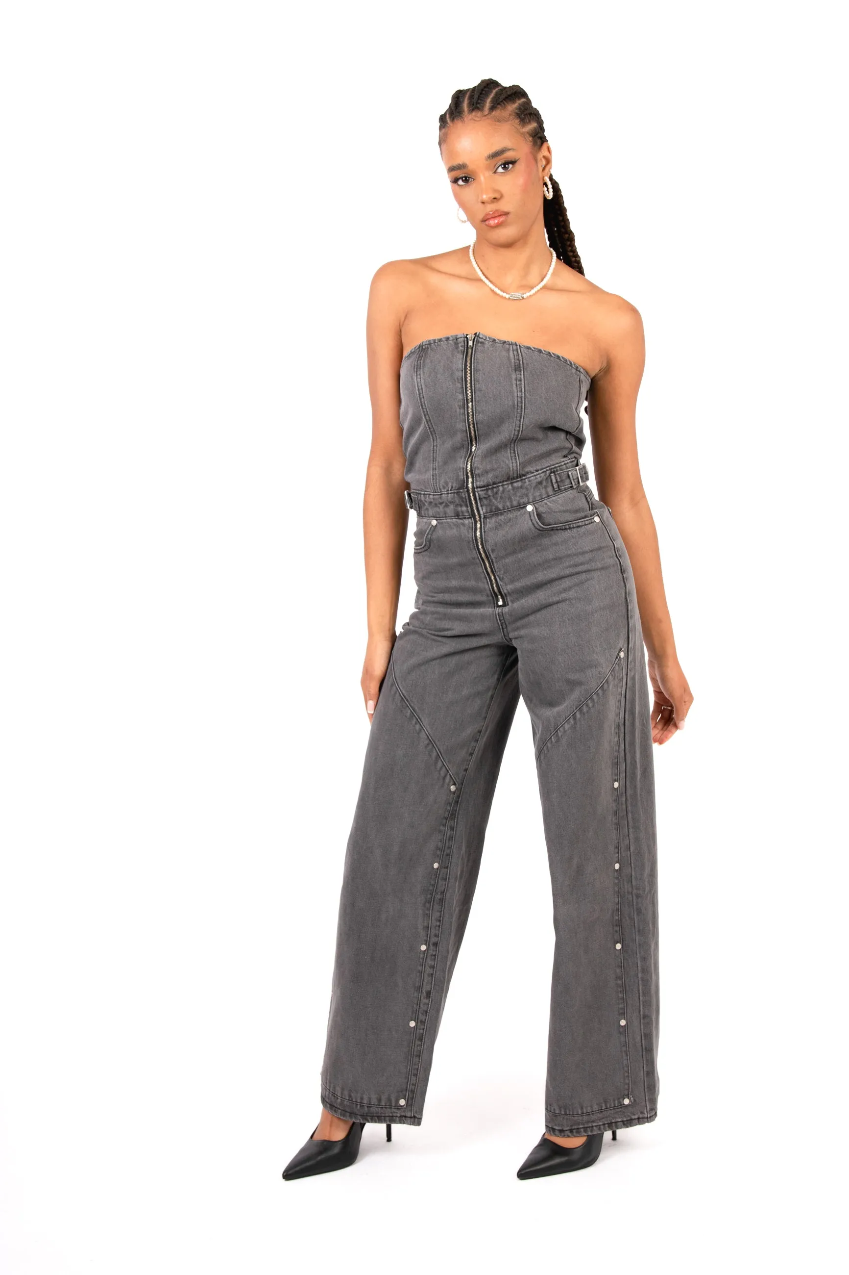 Washed Black Utility Carpenter Banded Denim Jumpsuit
