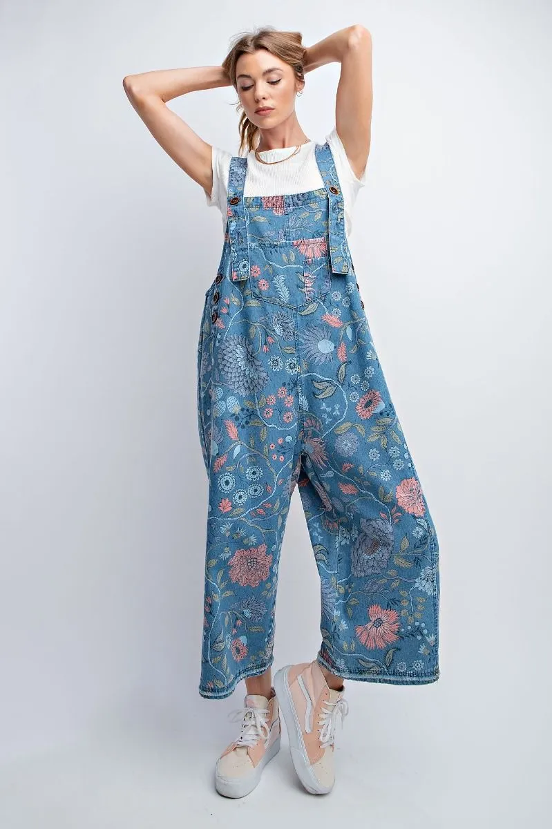 Washed Denim Floral Overalls