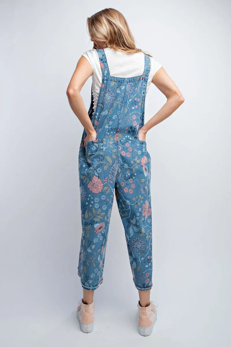 Washed Denim Floral Overalls