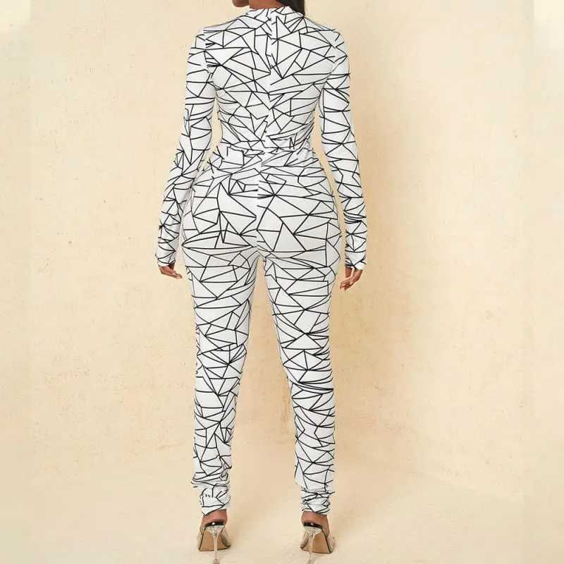 White Geometric Pattern High Waist Jumpsuit with Round Neck Leopard Print