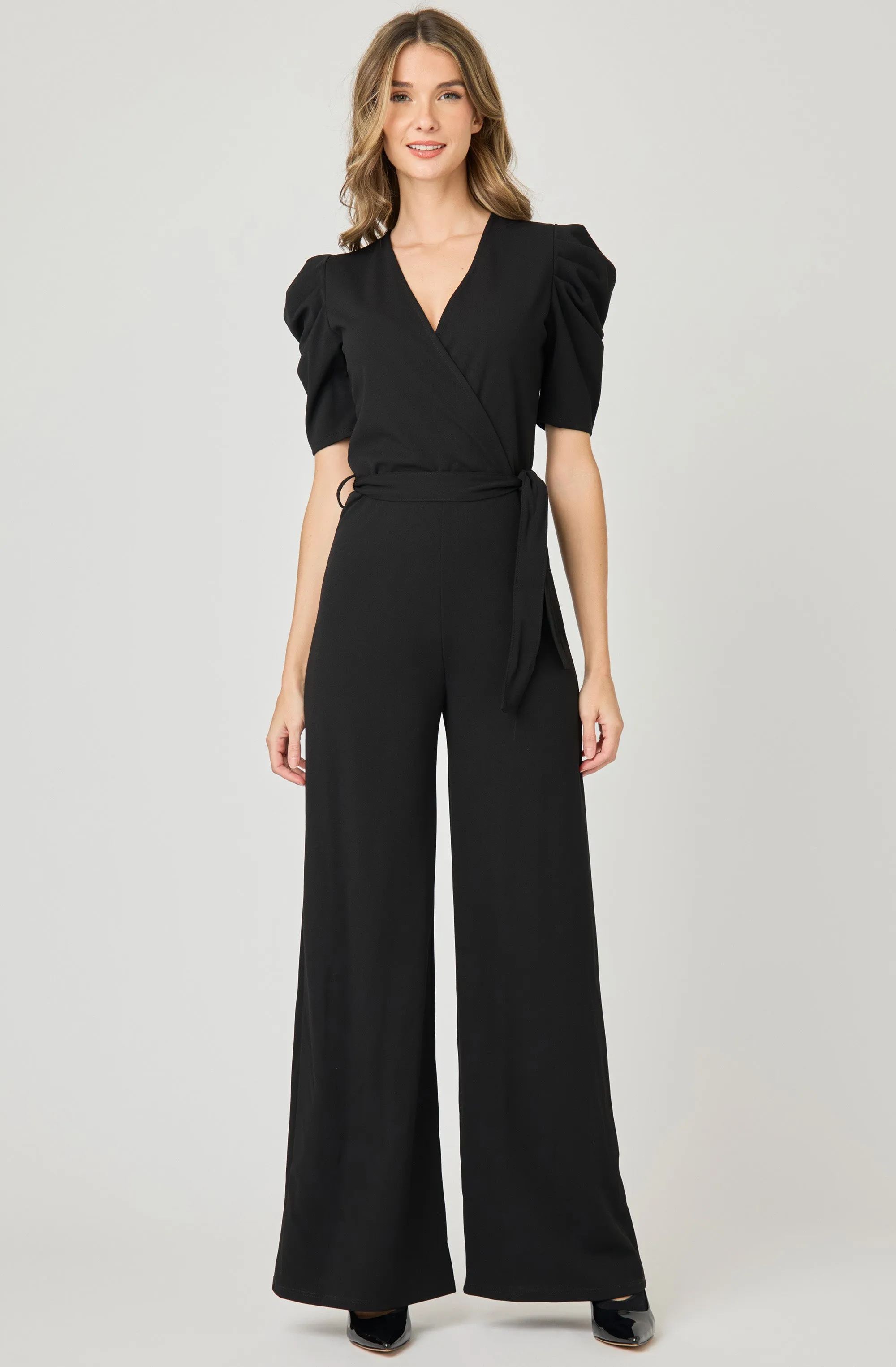 Wide Leg Faux-Wrap Belted Jumpsuit