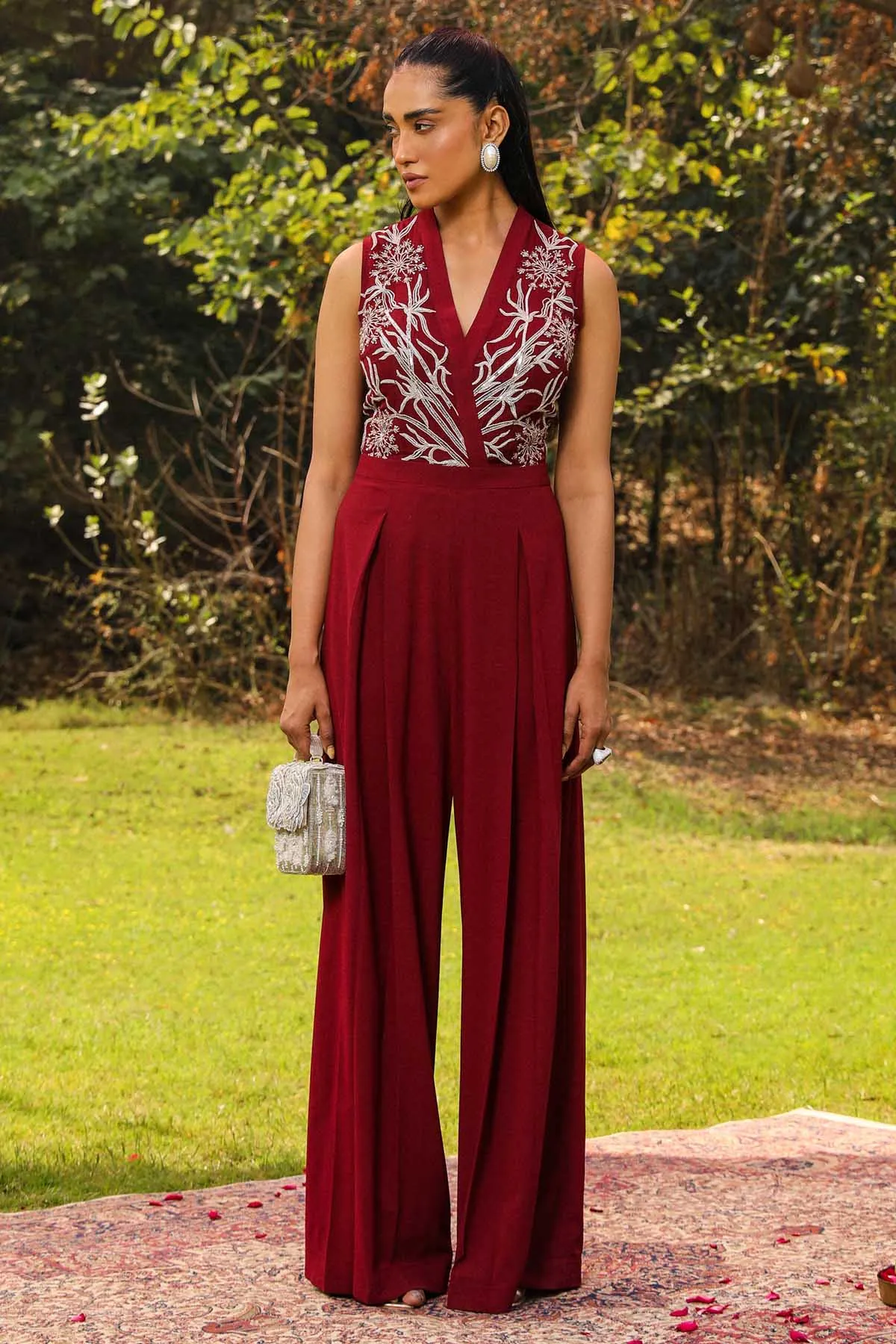 Wine Embroidered Yoke Jumpsuit