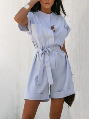 Women's Button Front Shirt Style Playsuit With Belt