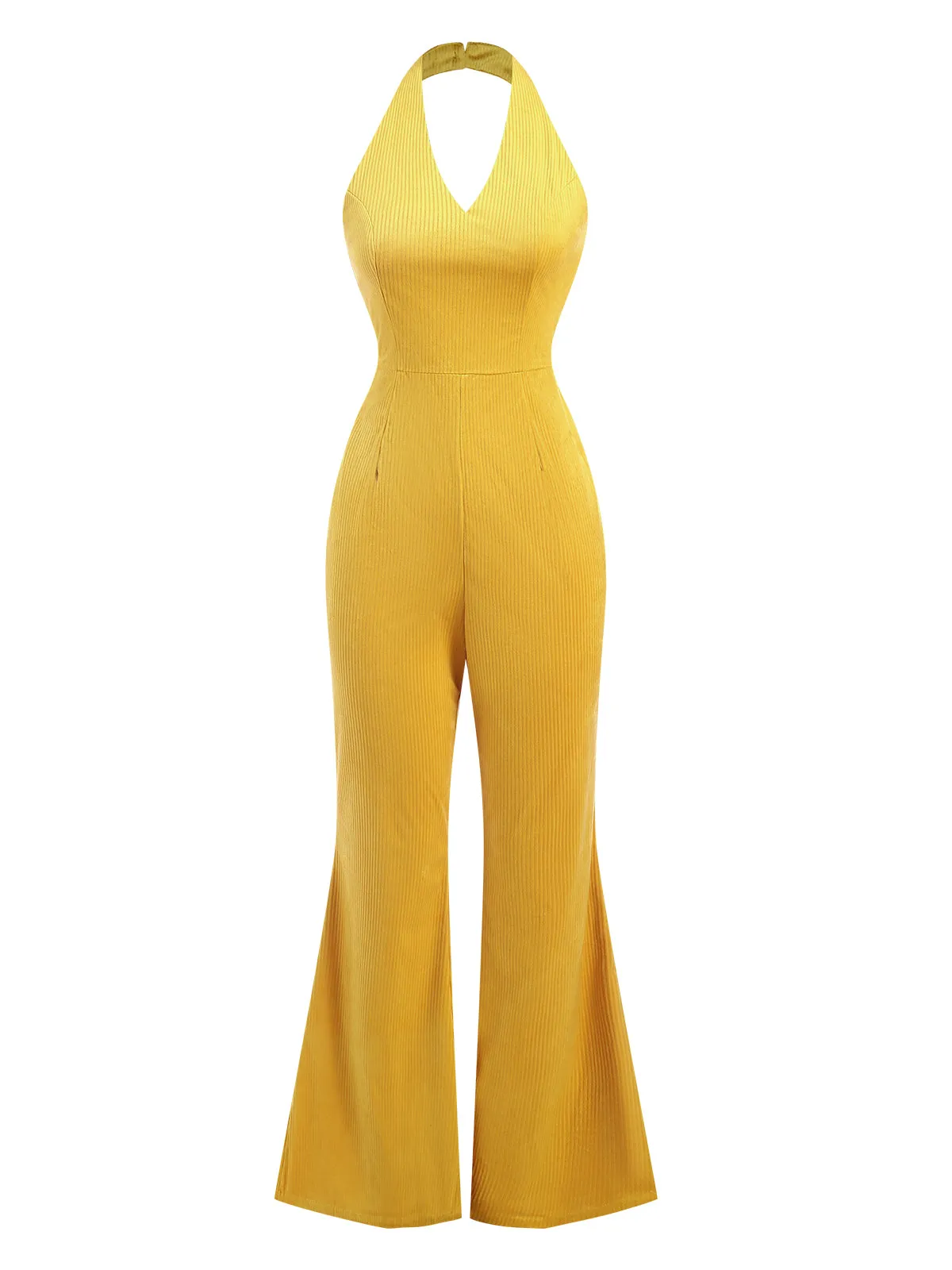 Yellow 1930s Solid Halter Wide Leg Jumpsuit