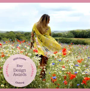 Yellow 'Enticement' Silk Kimono Jacket size L/XL handmade and unique illustrations- luxury lounging or evening wear