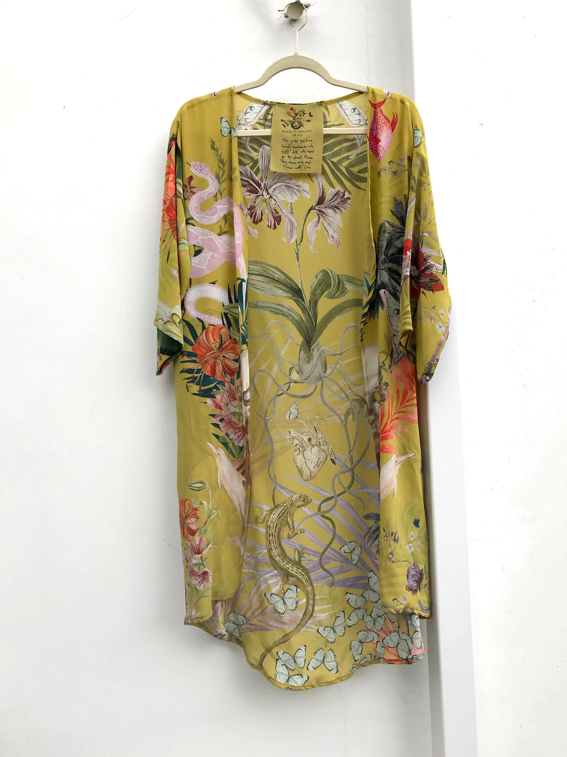 Yellow 'Enticement' Silk Kimono Jacket size L/XL handmade and unique illustrations- luxury lounging or evening wear